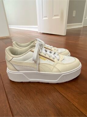 Puma Cream & White Platform Sneakers With Gold Accents